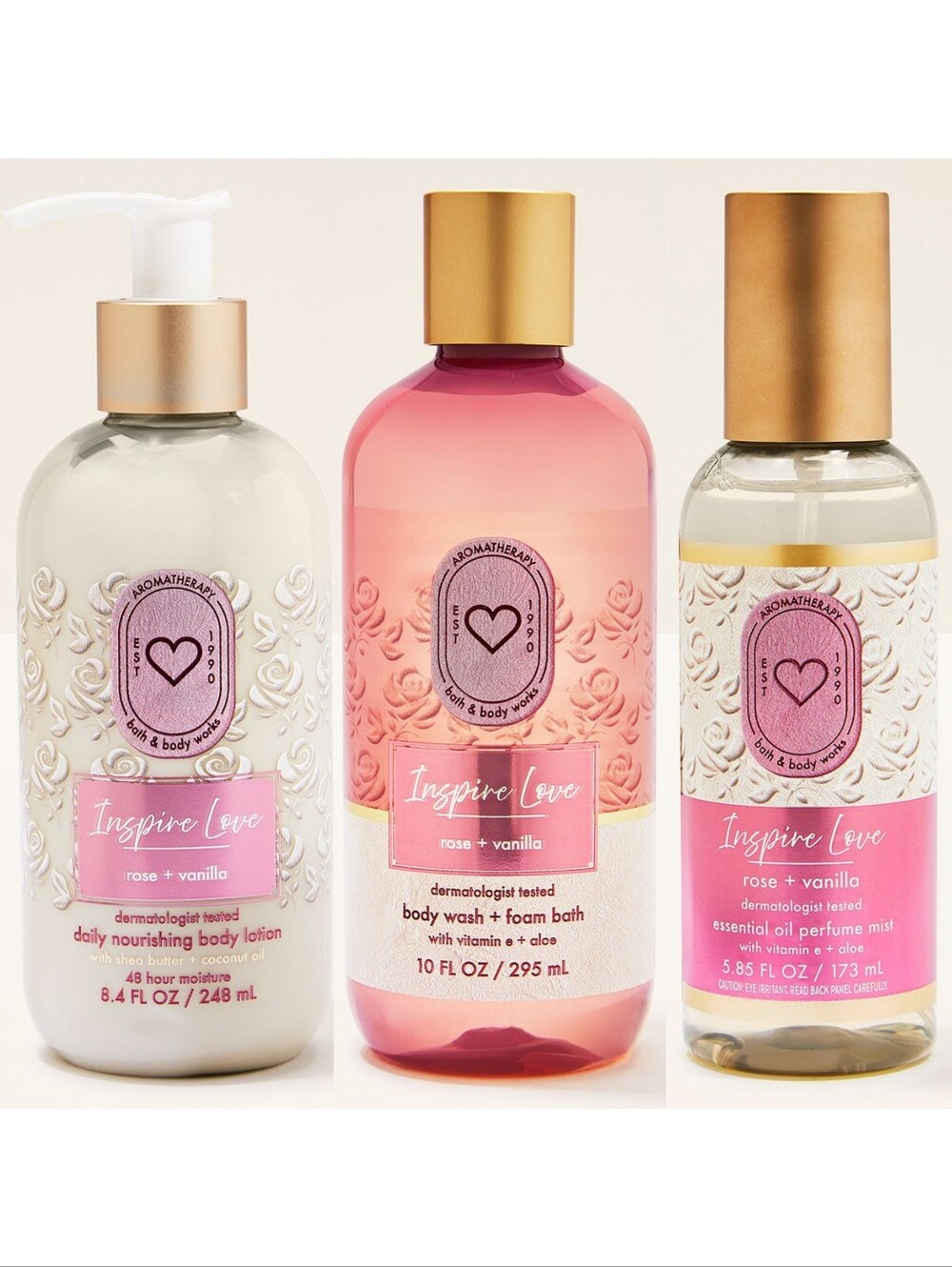 Bath & Body Works Inspire Love Rose + Vanilla 3 Piece Body Care Set NEW Rare
